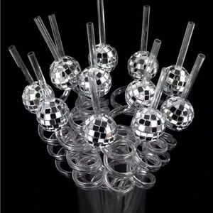 Silver Disco Ball Spiral Drinking Straws - Party Pack (set of 12)